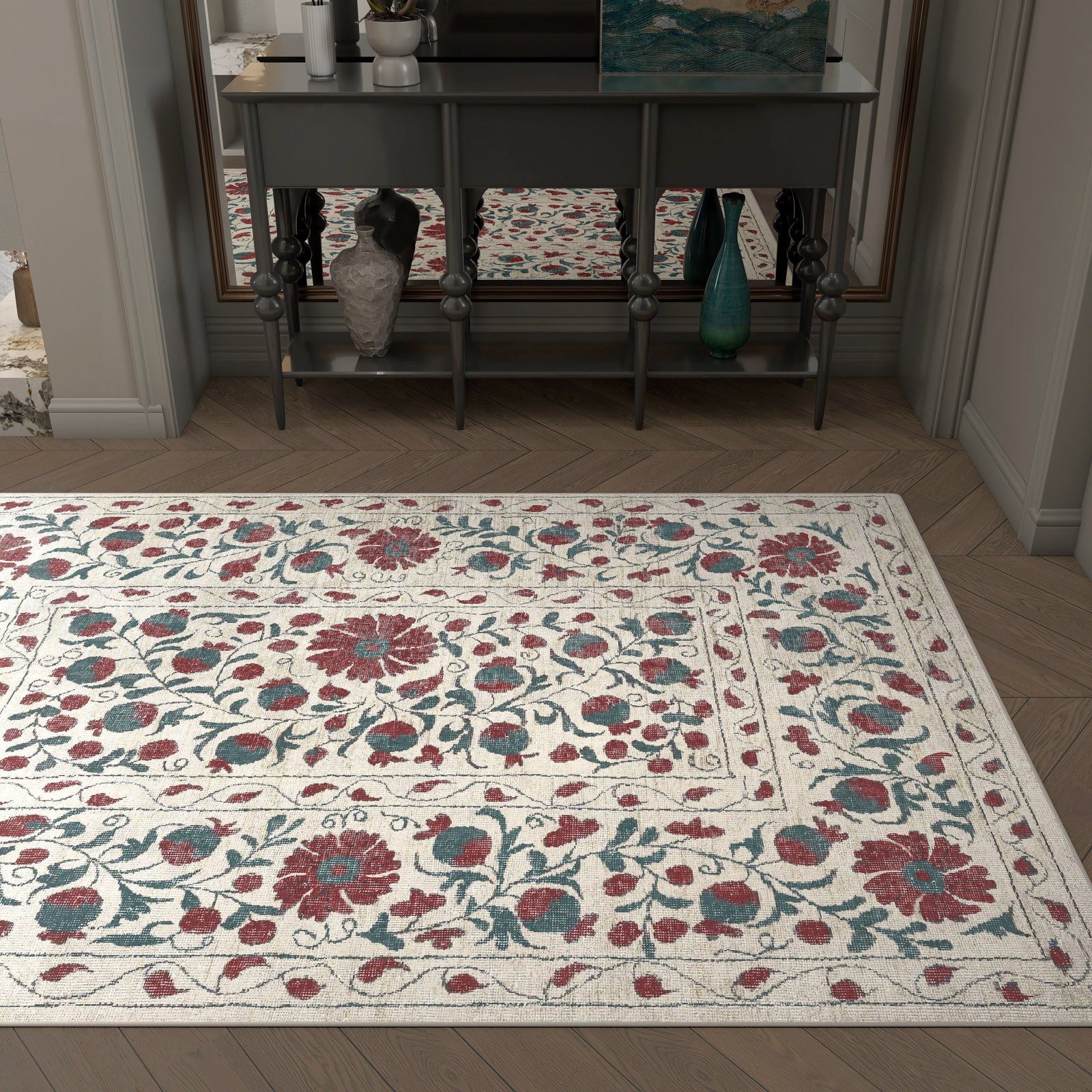 Floral patterned rug on a wooden floor with a sideboard in the background