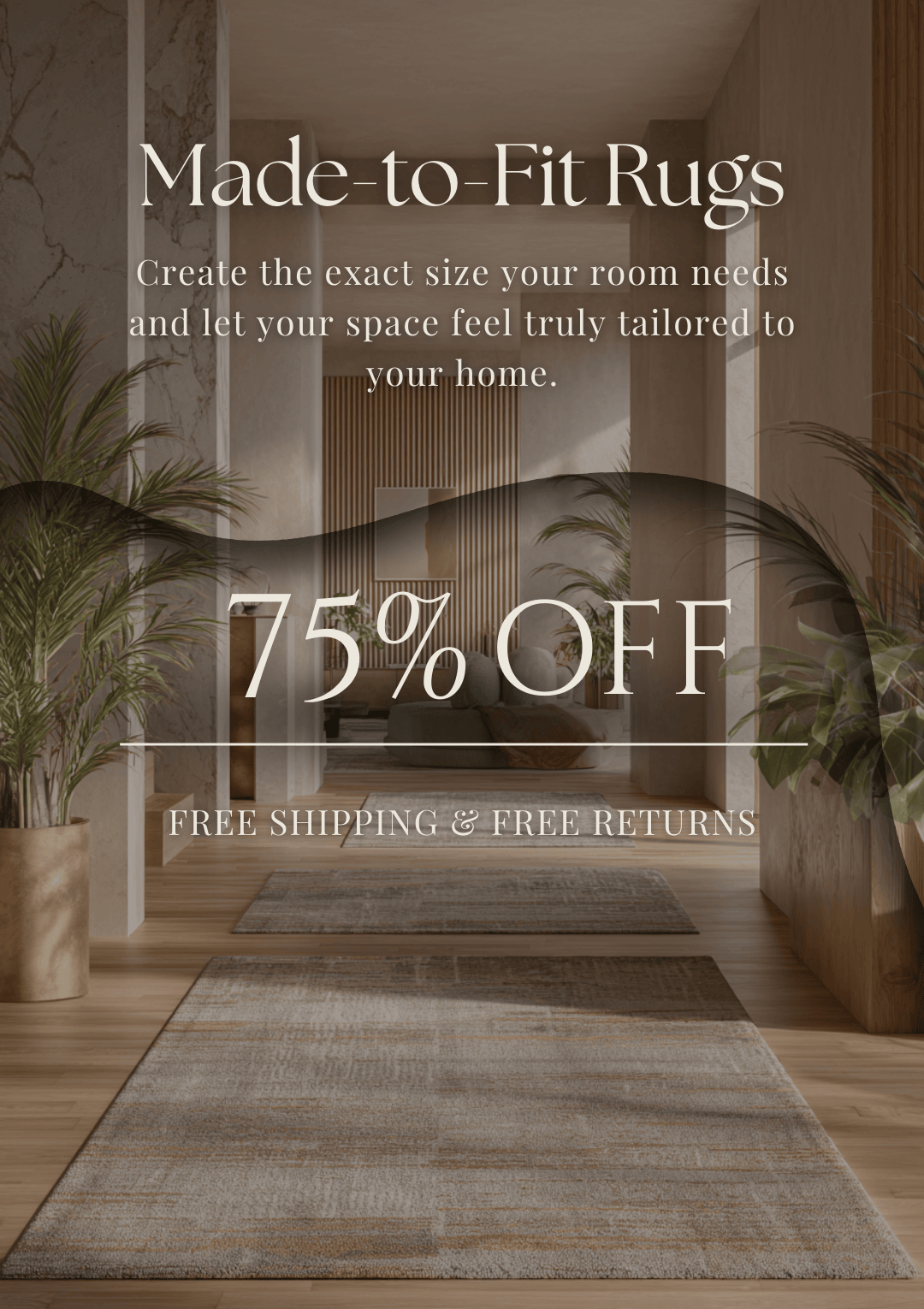 Promotional advertisement for custom size rugs with 75% Off text overlay on a room setting.