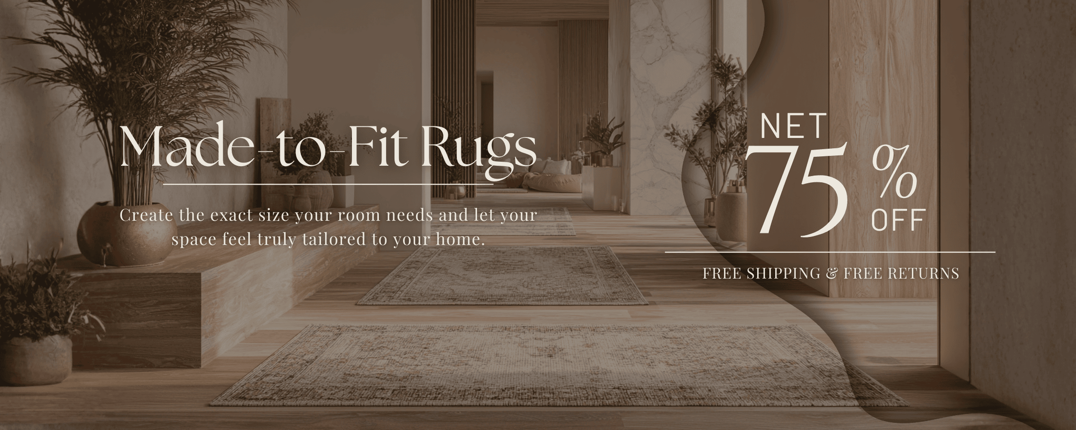 Promotional advertisement for custom size rugs with 75% Off text overlay on a room setting.