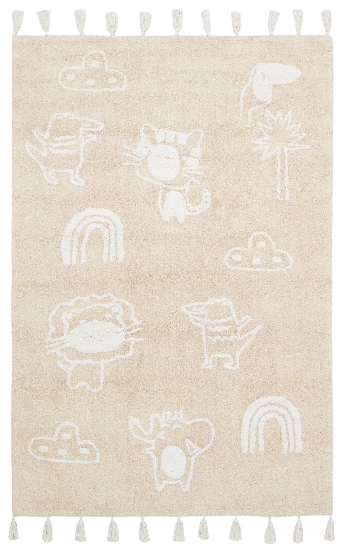 The Calm Nest - Washable Shaggy - CBN16 is a cream beige, ultra-soft cotton rug with white tufted rainbows, clouds, trees, and playful cartoon animals. Tassels accent the edges of this easy-to-clean rug.