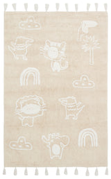The Calm Nest - Washable Shaggy - CBN16 is a cream beige, ultra-soft cotton rug with white tufted rainbows, clouds, trees, and playful cartoon animals. Tassels accent the edges of this easy-to-clean rug.