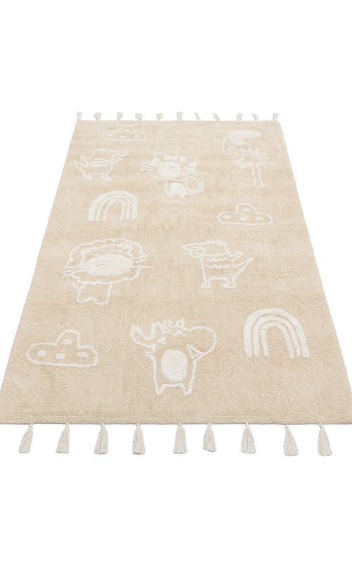 Load image 1 in gallery view. The Calm Nest - Washable Shaggy - CBN16 is an ultra-soft cream beige cotton rug with white line drawings of animals, rainbows, and clouds, finished with fringe tassels along the short edges.