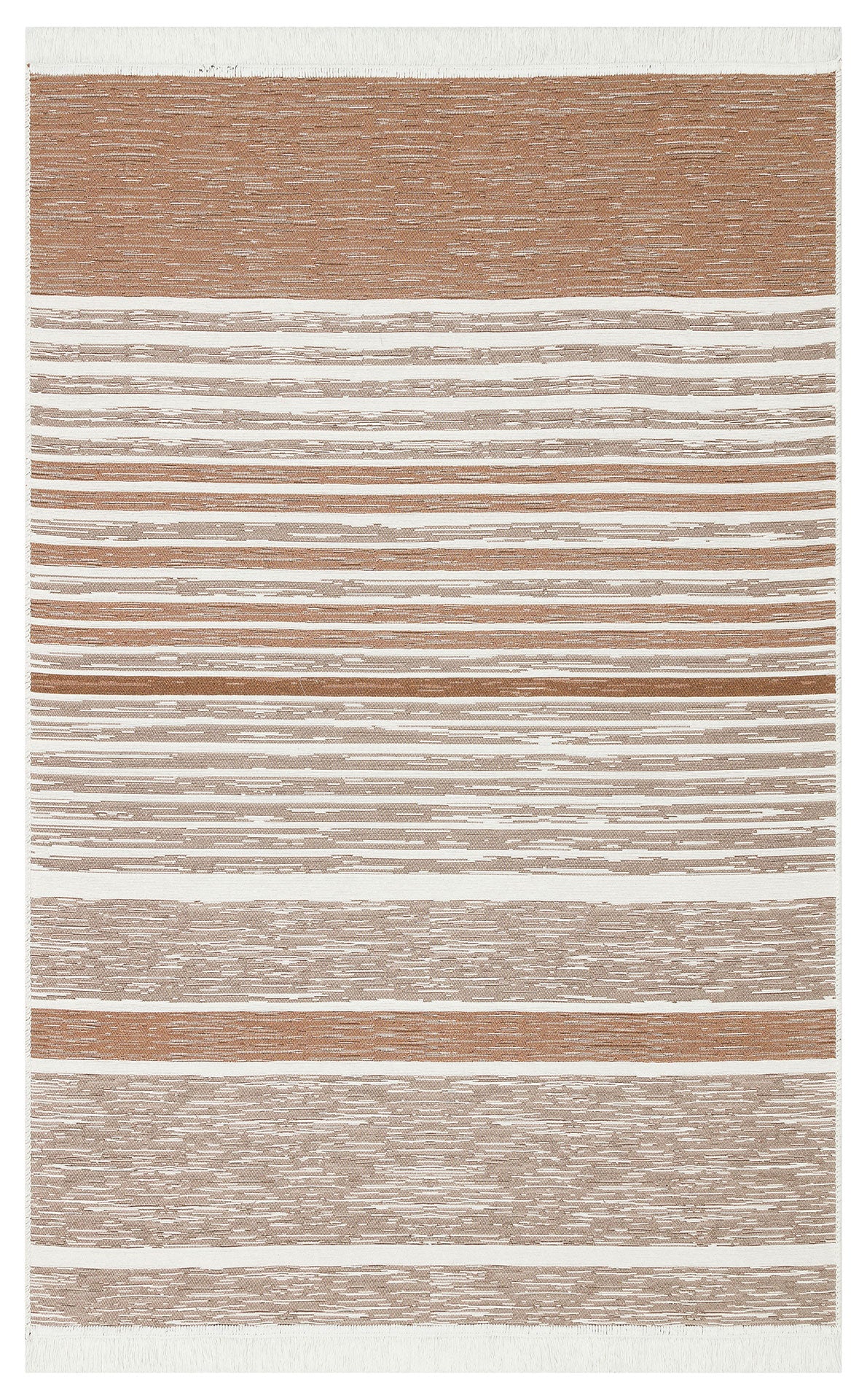 The Calm Thread - Washable Reversible Kilims - AR27 features horizontal beige and brown stripes in varying thicknesses and textures. Made from recycled cotton, it’s finished with white fringed edges for extra charm.