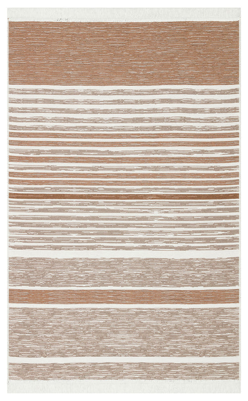 Load image 1 in gallery view. The Calm Thread - Washable Reversible Kilims - AR27 features horizontal beige and brown stripes in varying thicknesses and textures. Made from recycled cotton, it’s finished with white fringed edges for extra charm.