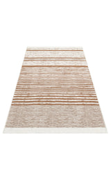 The Calm Thread - Washable Double-Sided Kilims - AR27 features a beige base with horizontal brown stripes in varying widths, crafted from recycled cotton and finished with white fringe for texture. Its simple, modern look suits any space.