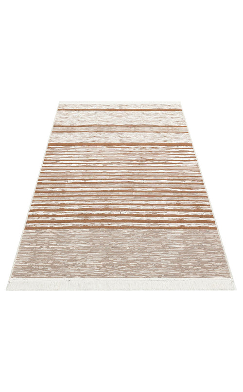 Load image 1 in gallery view. The Calm Thread - Washable Double-Sided Kilims - AR27 features a beige base with horizontal brown stripes in varying widths, crafted from recycled cotton and finished with white fringe for texture. Its simple, modern look suits any space.