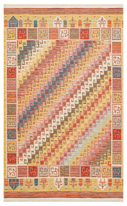 Bild 1 in Galerieansicht laden. The Canyon Shade - Washable Reversible Kilim - NMD11 features vibrant diagonal stripes in red, blue, yellow, and beige with a border of multicolored squares and bold motifs—perfect for high-traffic areas and easy cleaning.