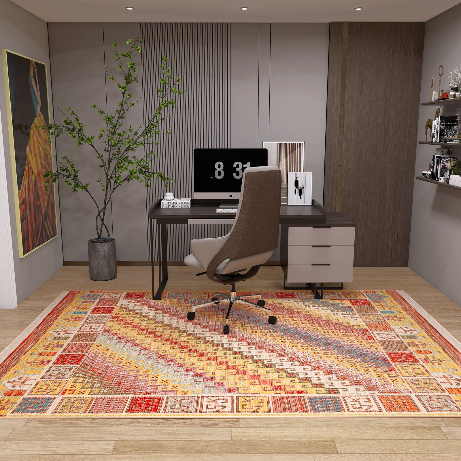 A modern home office features a brown chair, desk with computer, potted plant, wall art, shelves with décor, and the Canyon Shade - Kilim - NMD11 red rug—ideal for fans of contemporary interiors.