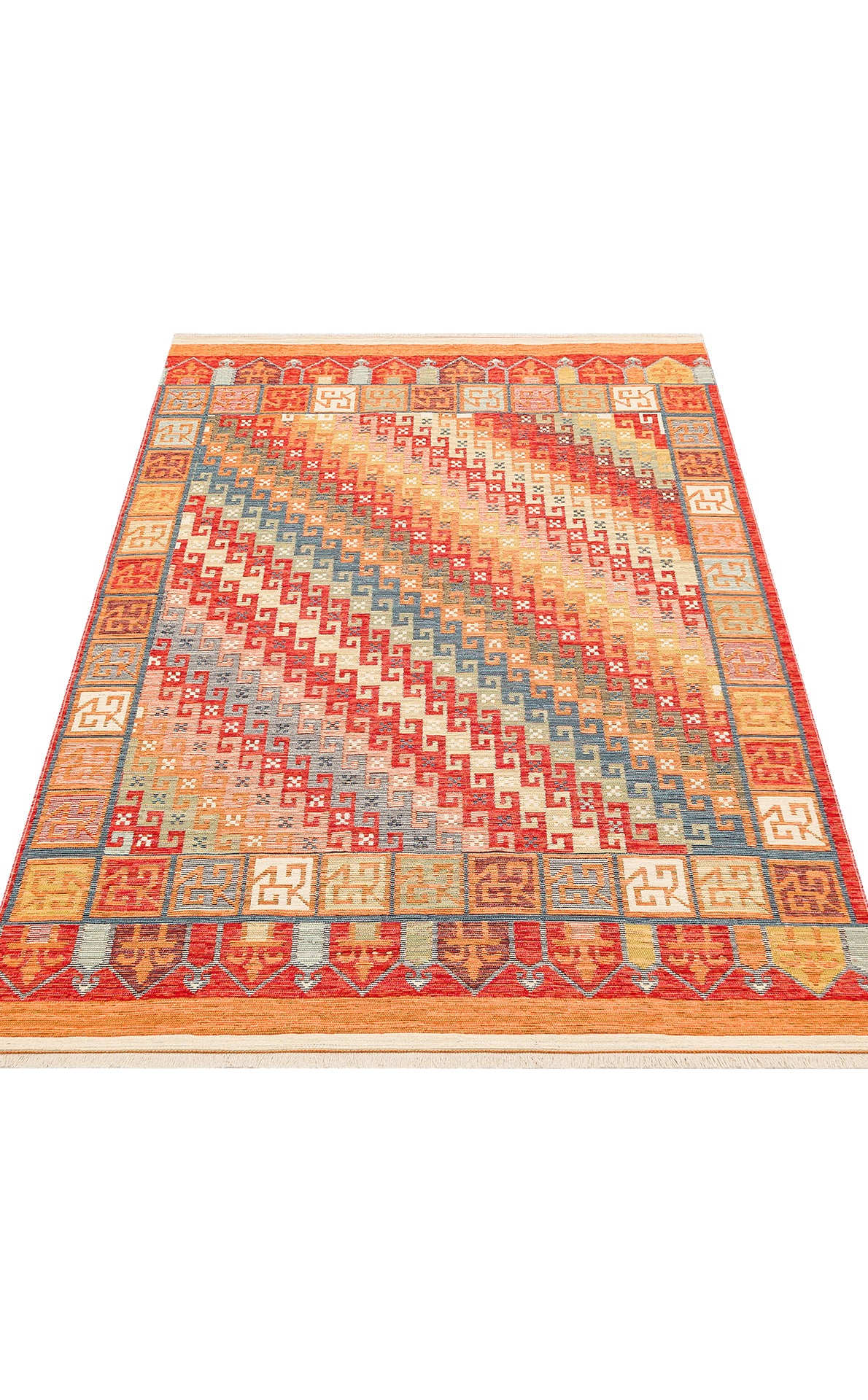 The Canyon Shade - Kilim - NMD11 is a vibrant polyester rug with bold diagonal zigzag lines and Greek key motifs in red, orange, blue, and beige. Its border has repeating geometric shapes, making it perfect for modern interiors. Shown flat.