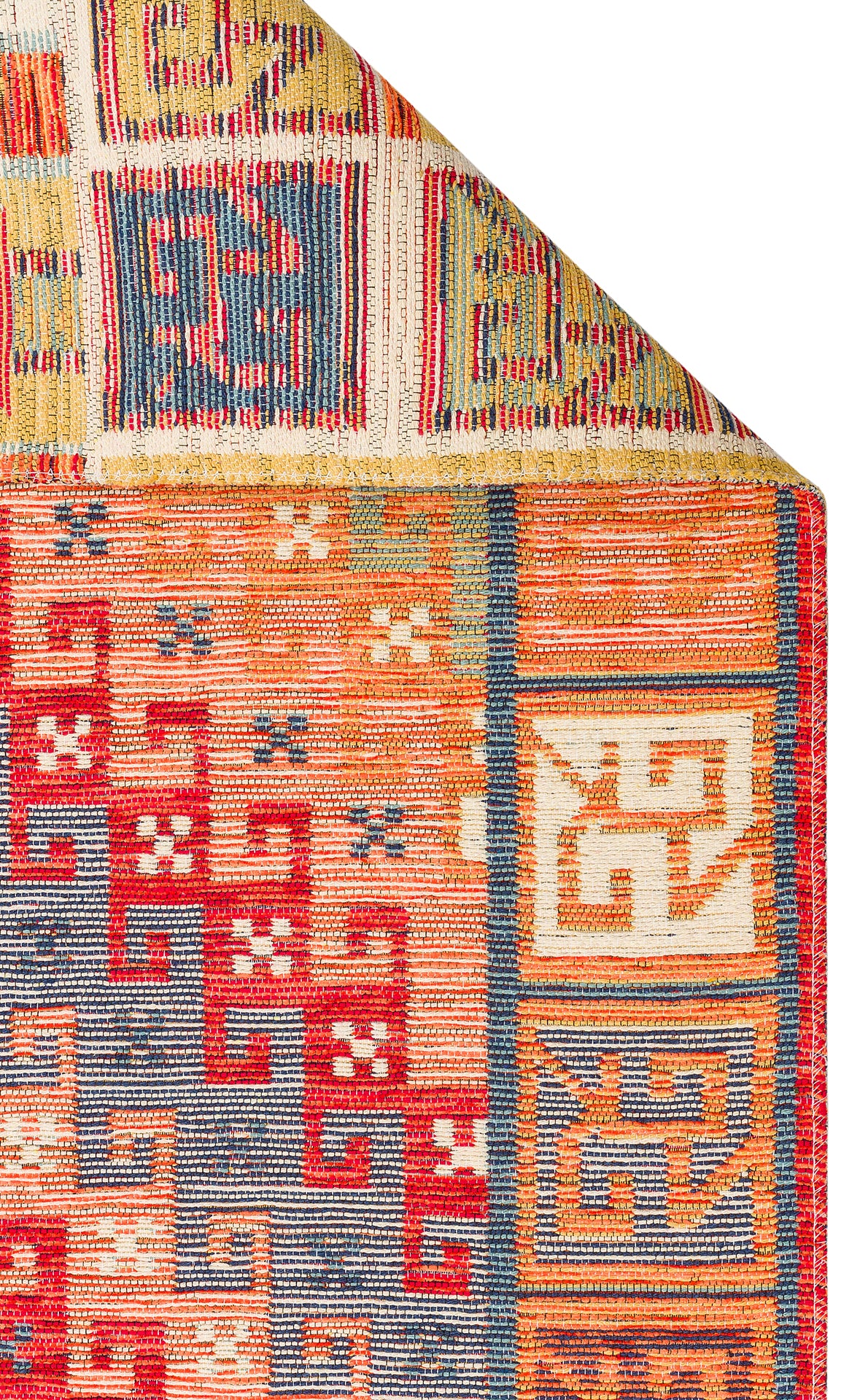 A close-up of the Canyon Shade - Kilim - NMD11 rug corner, folded over. This vibrant piece displays geometric patterns in red, blue, orange, cream, and yellow—ideal for adding textured detail to contemporary interiors.