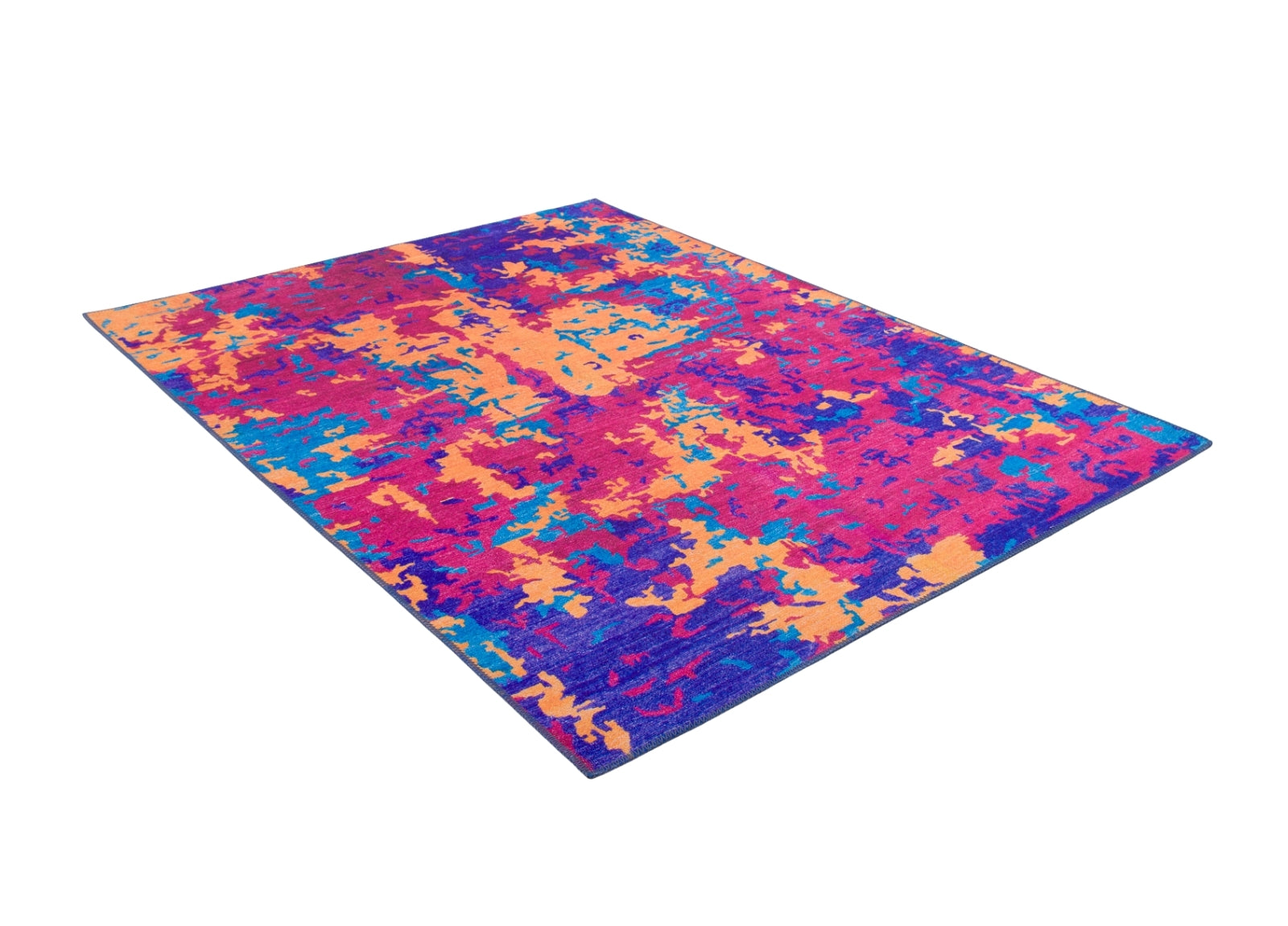 The Celestial Tapestry - Washable Rug - JRS004 features a vibrant abstract pattern in orange, pink, blue, and purple on white—a rectangular rug that’s perfect for high-traffic areas.