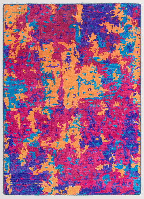 Load image 1 in gallery view. The Celestial Tapestry - Washable Rug - JRS004 (Custom Size) features vibrant splashes of orange, pink, blue, and purple in an abstract painterly pattern—perfect for high-traffic areas and easy to care for.