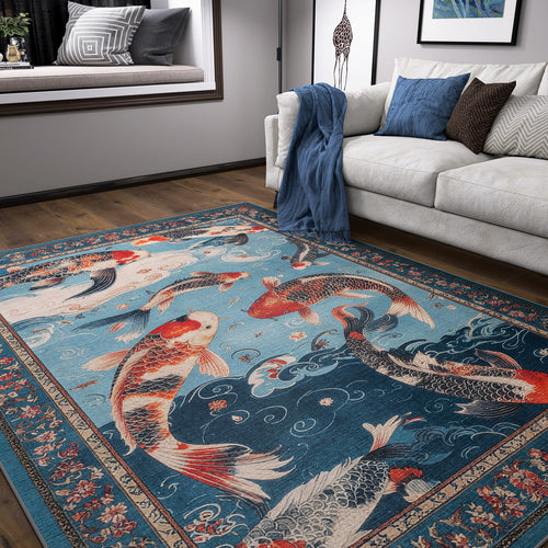 Bild 1 in Galerieansicht laden. A living room with the Celestial Tide - Washable Rug - JRS019, featuring colorful koi fish designs, on a dark wood floor. A white sofa with blue and gray pillows and a blue throw sits nearby, with wall art and a window seat in the background.