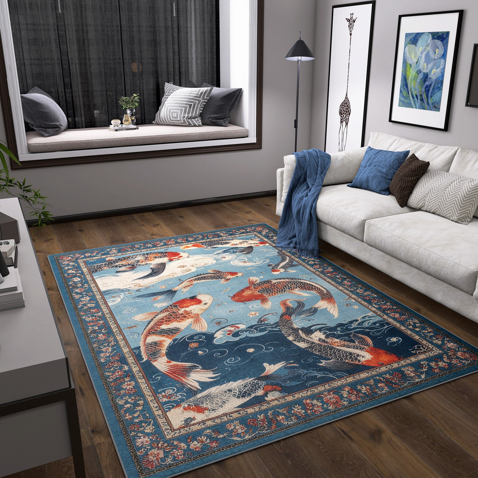 A stylish living room with wood floors, a white sofa with blue cushions, modern wall art, and the Celestial Tide - Washable Rug - JRS019 featuring colorful koi fish and floral borders. A window seat with pillows sits in the background.