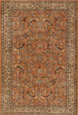 The Celestial Vintage - Washable Rug - JRN1020 features an ornate orange design with intricate floral patterns in warm gold, beige, and brown shades, framed by a detailed cream and tan border with additional floral motifs.