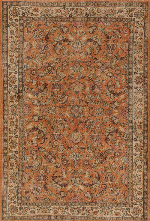 Load image 1 in gallery view. The Celestial Vintage - Washable Rug - JRN1020 features an ornate orange design with intricate floral patterns in warm gold, beige, and brown shades, framed by a detailed cream and tan border with additional floral motifs.