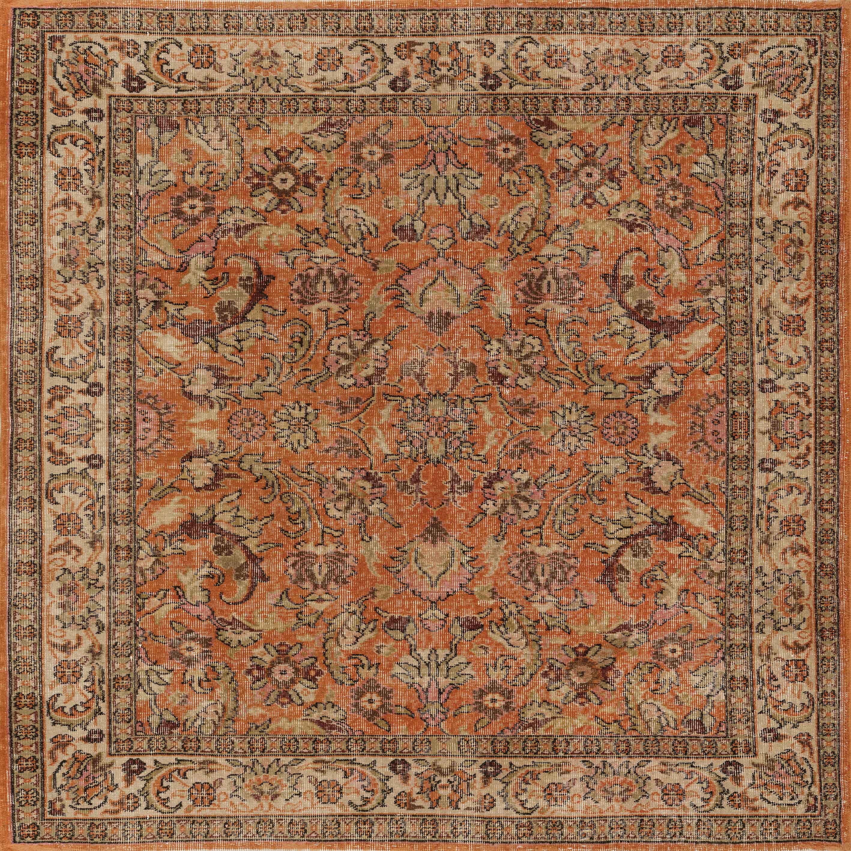 The Celestial Vintage - Washable Rug - JRN1020 is a rectangular orange rug featuring an ornate floral and vine pattern in orange, beige, brown, and green, bordered by a detailed cream and brown floral design.
