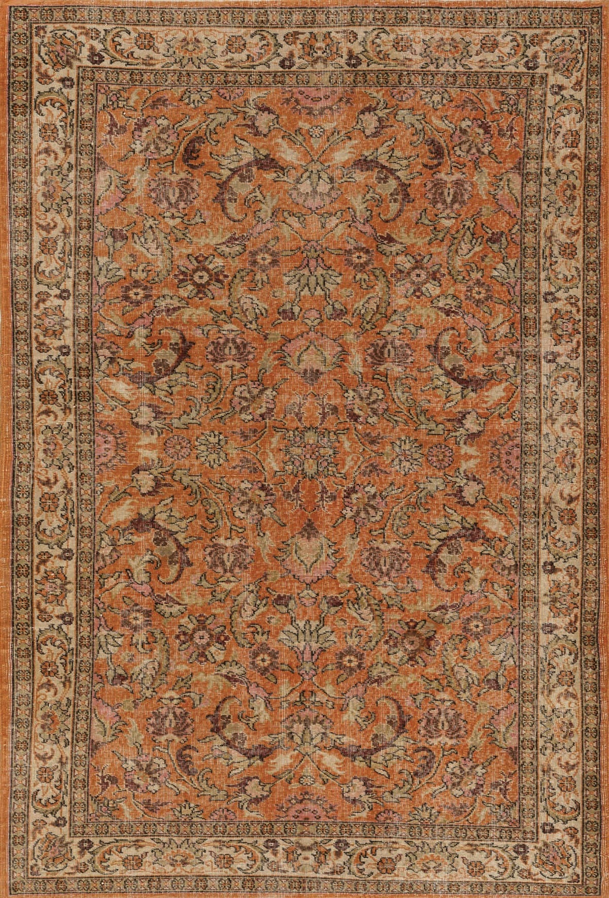 The Celestial Vintage - Washable Rug - JRN1020 (Custom Size) features an intricate floral and vine pattern in warm orange, brown, and beige tones, accented by a detailed decorative border.