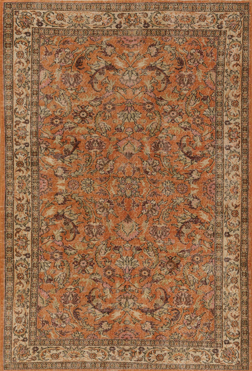 Load image 1 in gallery view. The Celestial Vintage - Washable Rug - JRN1020 (Custom Size) features an intricate floral and vine pattern in warm orange, brown, and beige tones, accented by a detailed decorative border.