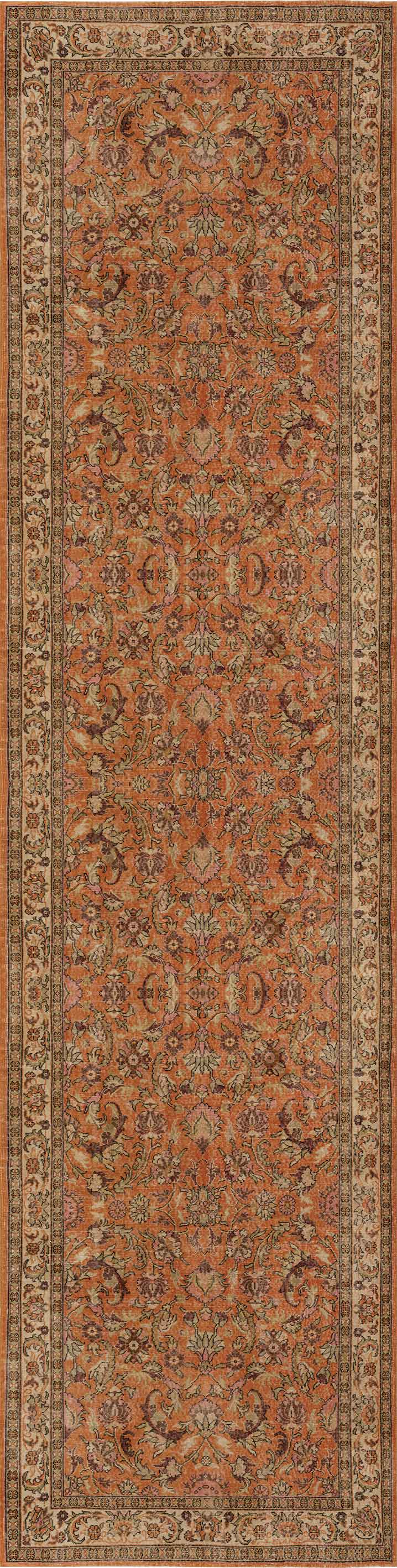The Celestial Vintage - Washable Rug - JRN1020 (Custom Size) is a rectangular bordered Oriental rug in shades of orange, brown, and cream, featuring intricate floral patterns and decorative bands with smaller floral motifs.