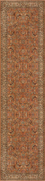 The Celestial Vintage - Washable Rug - JRN1020 (Custom Size) is a rectangular bordered Oriental rug in shades of orange, brown, and cream, featuring intricate floral patterns and decorative bands with smaller floral motifs.