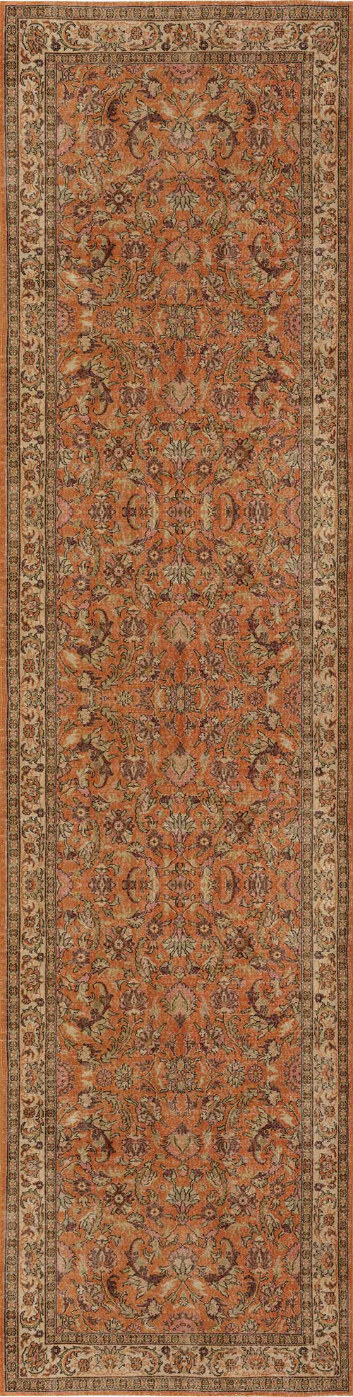 Load image 1 in gallery view. The Celestial Vintage - Washable Rug - JRN1020 (Custom Size) is a rectangular bordered Oriental rug in shades of orange, brown, and cream, featuring intricate floral patterns and decorative bands with smaller floral motifs.