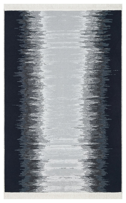 Load image 1 in gallery view. The Charcoal Frame - Washable Reversible Kilims - AR40 is a square black and white rug with a gradient jagged line pattern, mirrored from edges to center. Made from recycled cotton for stylish, sustainable decor.