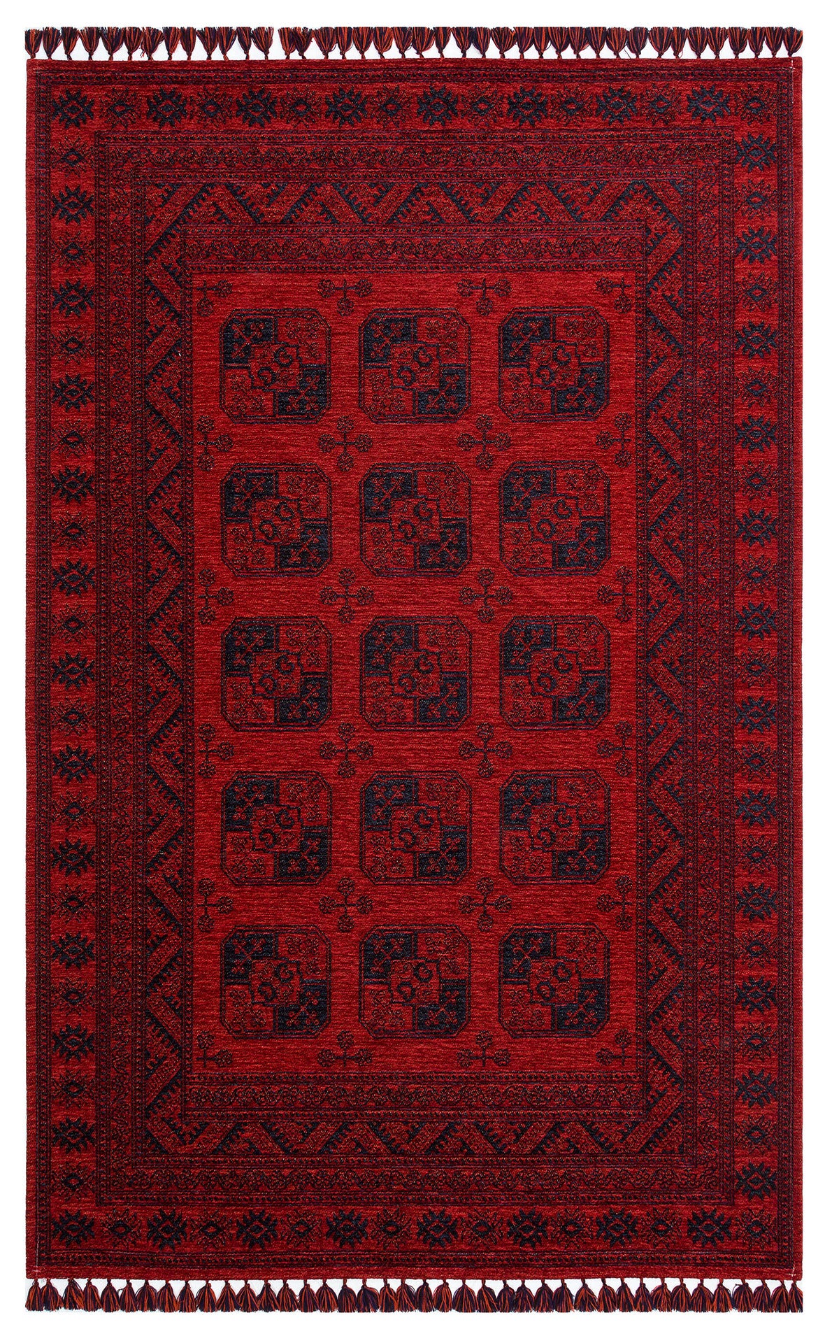 The Cherry Texture - Kilim - BHR01 is a rectangular cherry red rug featuring dark geometric patterns, a repeating central motif inspired by Turkish design, intricate borders, and short tassels on the edges.
