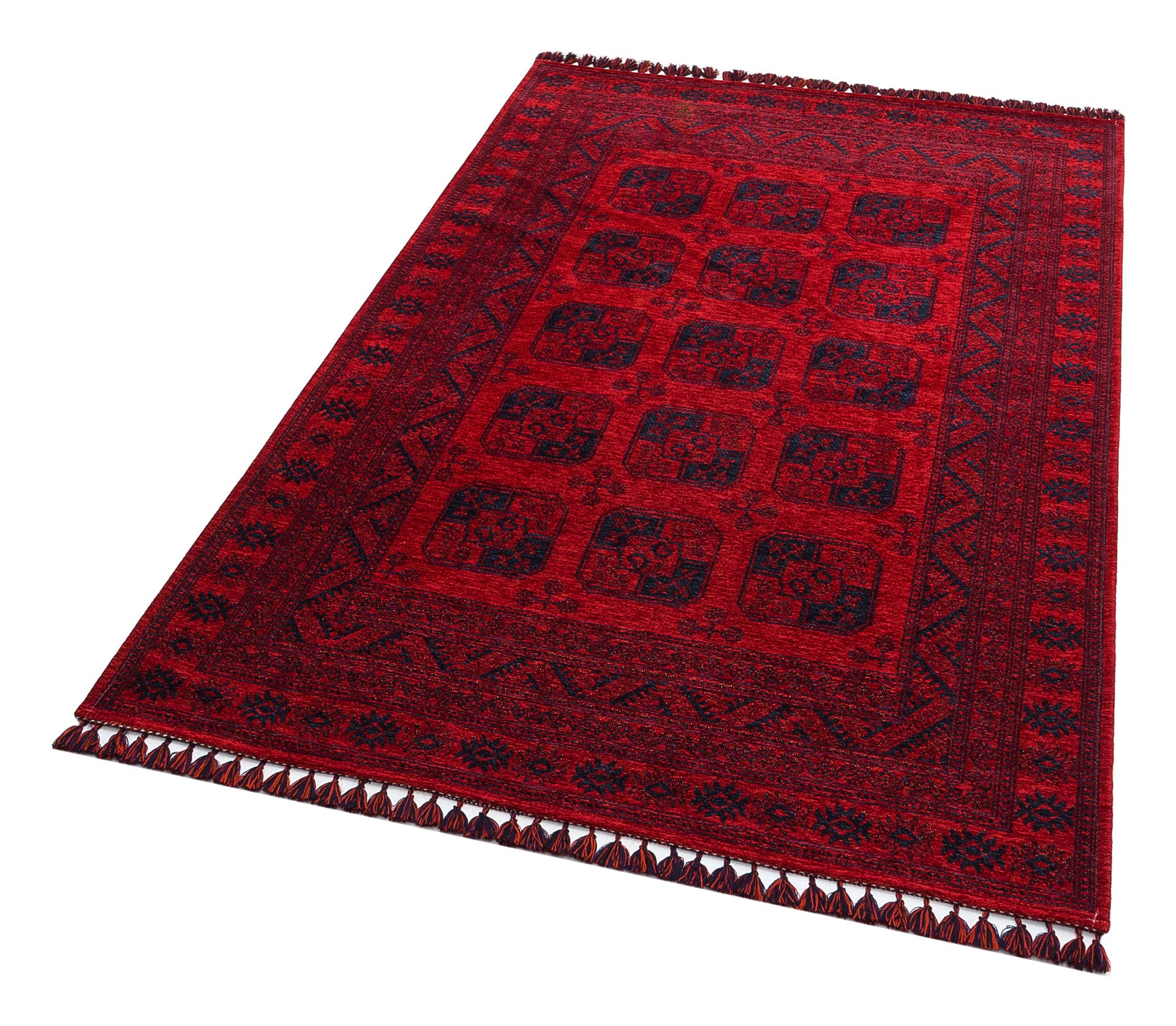 The Cherry Texture - Kilim - BHR01 is a rectangular cherry red rug featuring intricate dark Turkish patterns and fringed edges, set against a white background.
