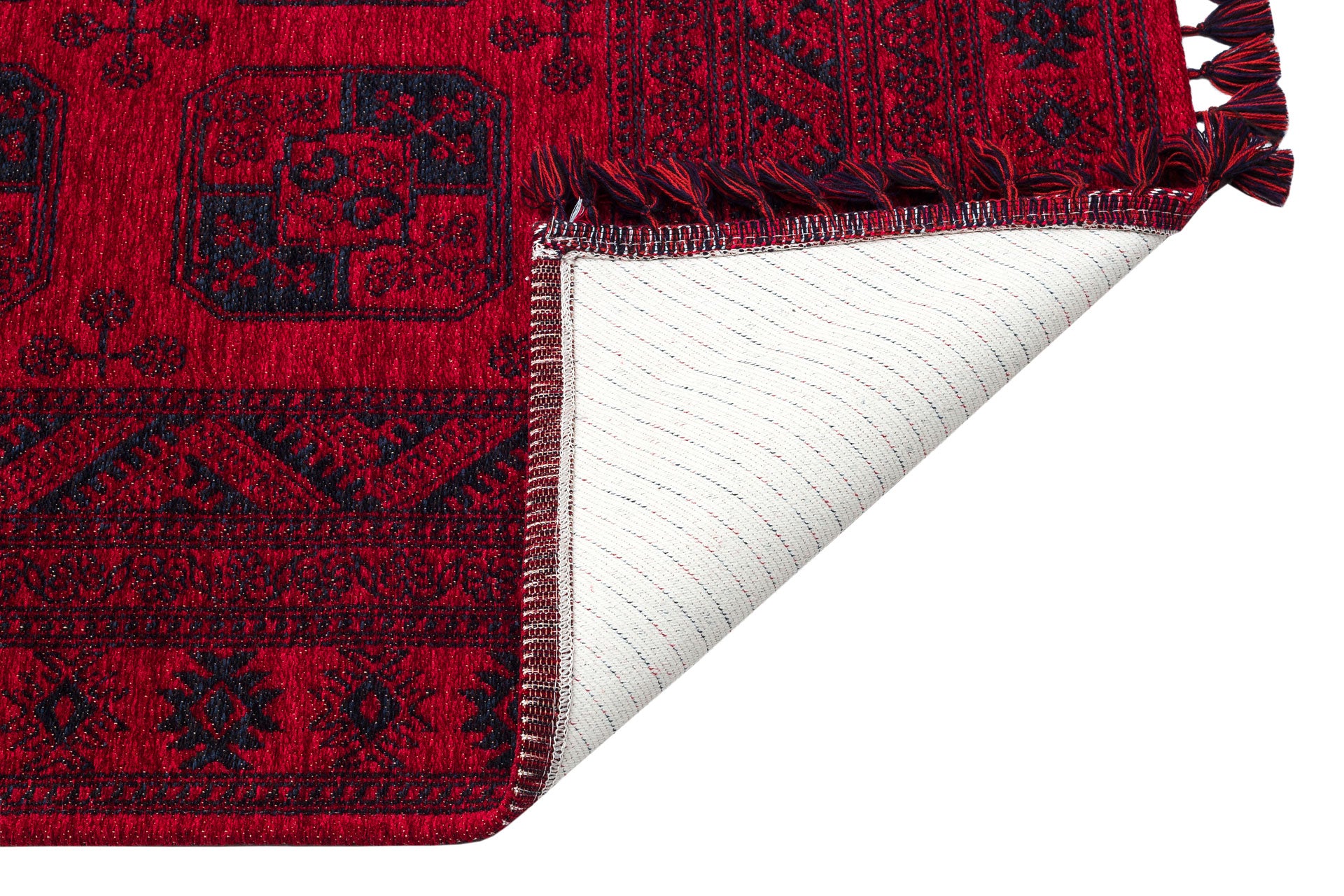 Cherry Texture - Kilim - BHR01 is a machine-made cherry red rug with black geometric patterns in a Turkish design, seen from above with one corner flipped to show its white, lightly striped underside and short fringe along the edges.
