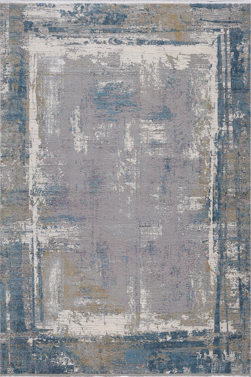Load image 1 in gallery view. The ChromaBurst Premium Rug - Blue - MT176 is a machine-made rug with a distressed abstract pattern in blue, gray, white, and gold hues, featuring an irregular painterly square and border design for a modern touch.