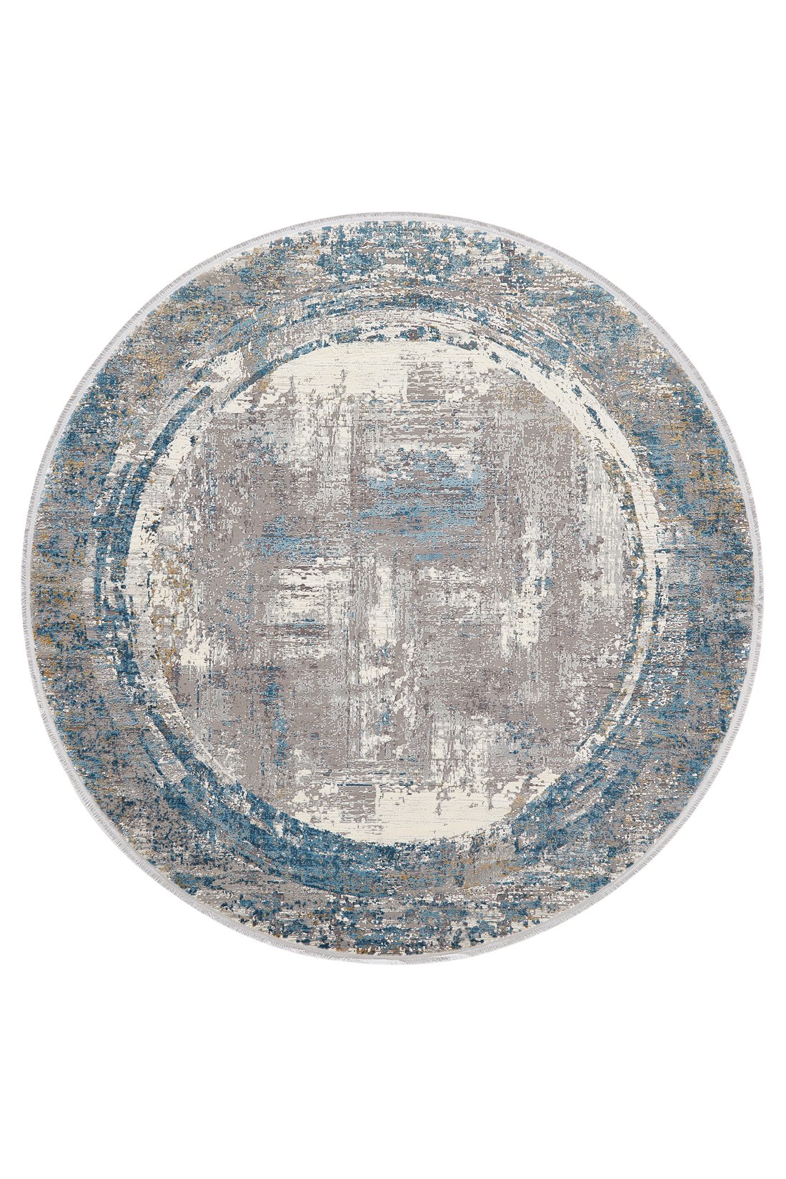 The ChromaBurst Premium Rug - Blue - MT176 is a round machine-made rug with a distressed abstract pattern in blue, gray, beige, and cream, featuring a faded circular motif and textured look for modern style.