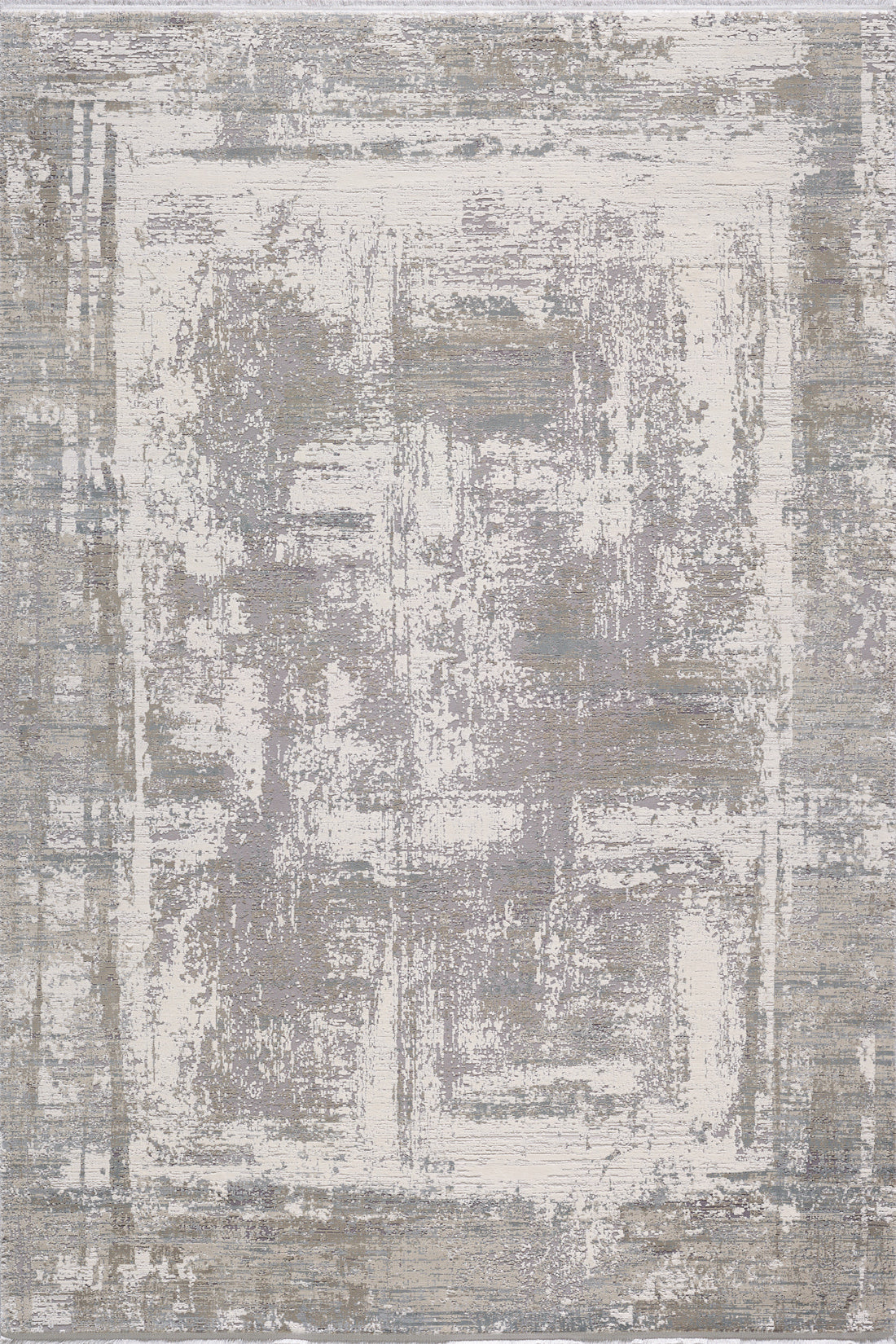 The ChromaBurst Premium Rug - Bright - MT177 is a modern, machine-made acrylic-viscose rug with a distressed abstract pattern in light gray, cream, and taupe, featuring a faded border and irregular brushstroke textures.