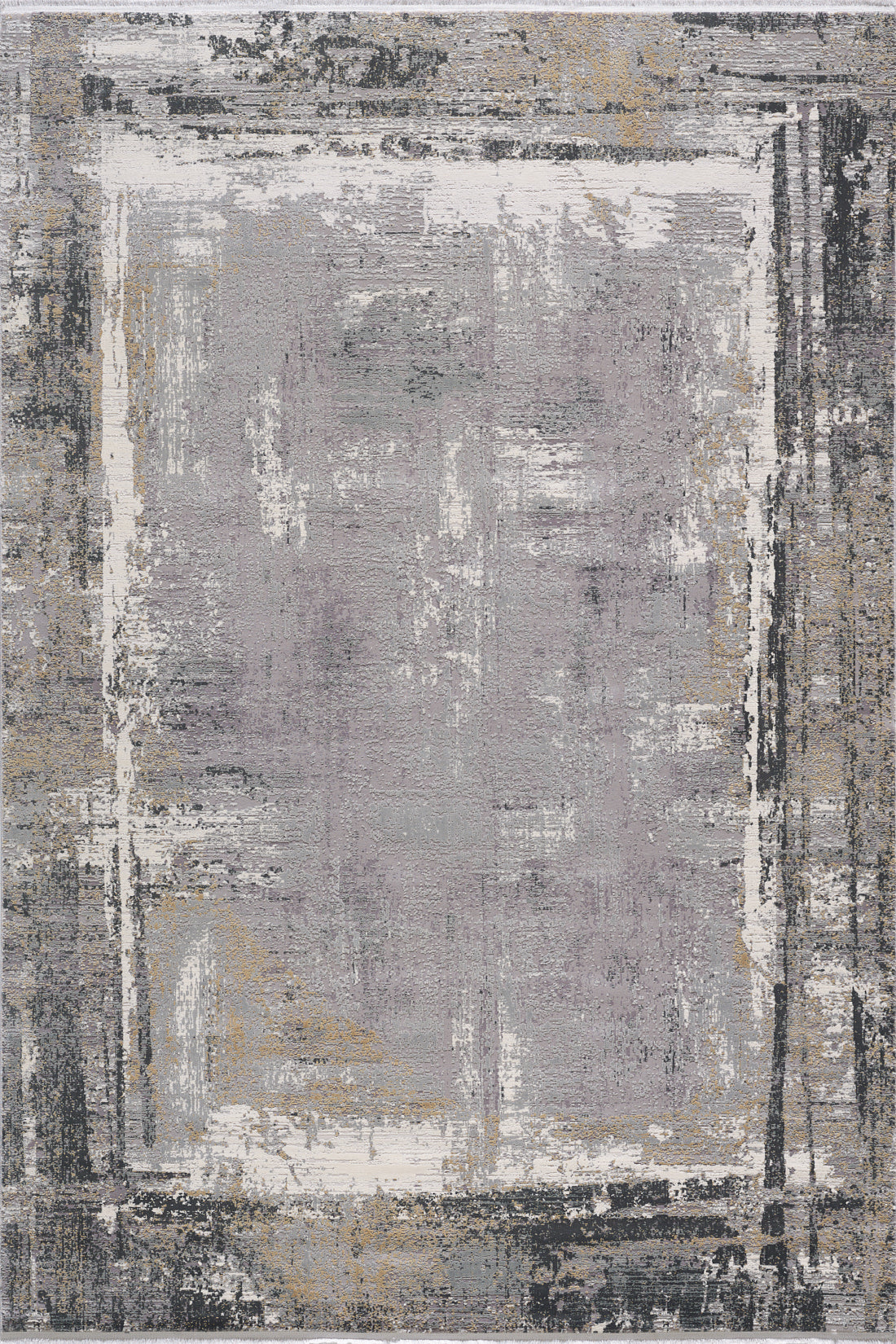 The ChromaBurst Premium Rug - Dark - MT175 features a distressed pattern in gray, beige, cream, and black with irregular rectangles and brushstroke textures. This machine-made rug blends style and durability for modern spaces.