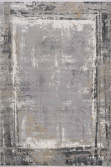 The ChromaBurst Premium Rug - Dark - MT175 features a distressed pattern in gray, beige, cream, and black with irregular rectangles and brushstroke textures. This machine-made rug blends style and durability for modern spaces.