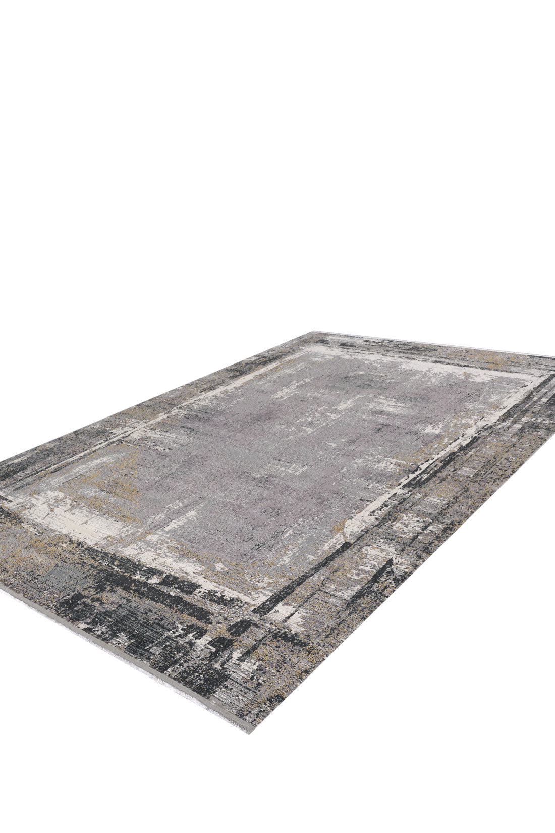 The ChromaBurst Premium Rug - Dark - MT175 is a machine-made, modern rug featuring a distressed abstract design in gray, beige, and black, shown on a white background.