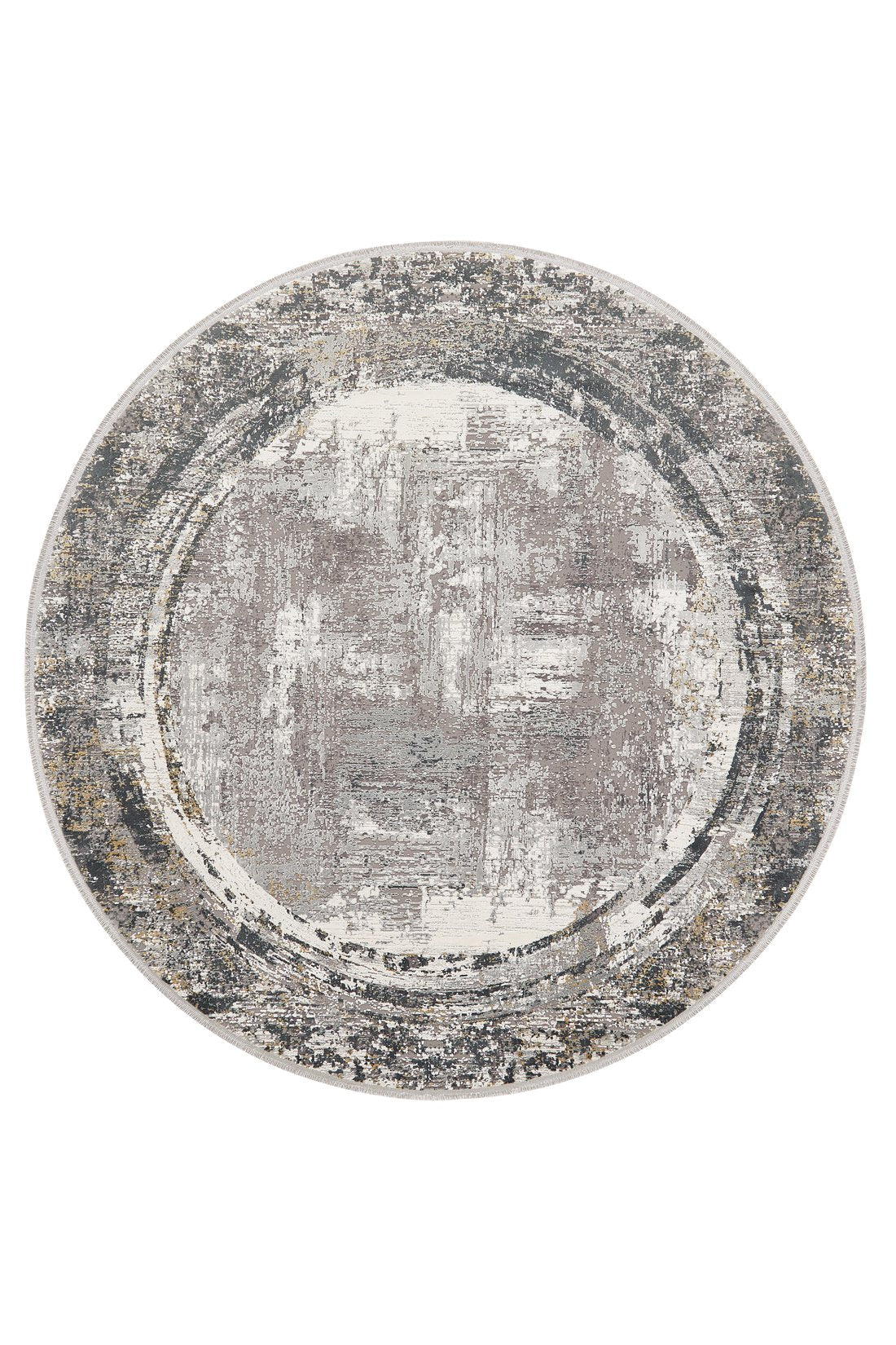 The ChromaBurst Premium Rug - Dark - MT175 is a round, machine-made rug featuring a distressed abstract pattern in gray, beige, and off-white with textured details and a subtle border—ideal for bringing modern style to any space.