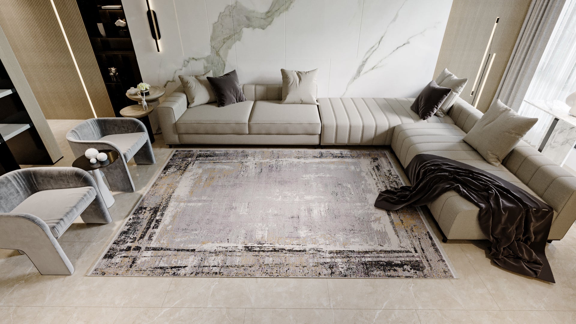 A modern living room with beige sectional sofas, gray armchairs, the ChromaBurst Premium Rug - Dark - MT175, marble accent wall, and floor-to-ceiling windows flooding the space with natural light.