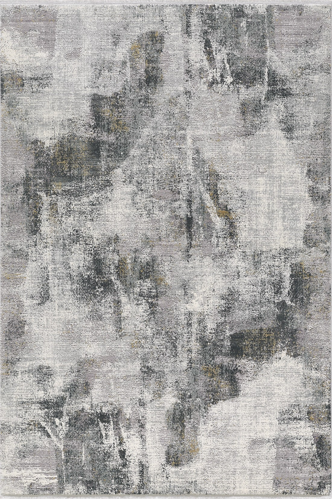 The Chromatic Flair Contemporary Rug - Charcoal (M660A) features a machine-made abstract design with distressed gray, white, and gold tones. Its pattern has a weathered look with irregular shapes and softly blended edges.