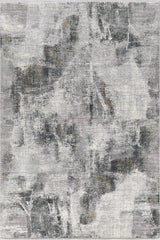 The Chromatic Flair Contemporary Rug - Charcoal (M660A) features a machine-made abstract design with distressed gray, white, and gold tones. Its pattern has a weathered look with irregular shapes and softly blended edges.