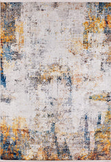 The Chromatic Kaleidoscope - Washable Rug - JR1483 (Custom Size) showcases a distressed abstract pattern in white, gray, gold, orange, and blue for an artistic touch. Its durable, textured design is ideal for high-traffic areas and easy cleaning.
