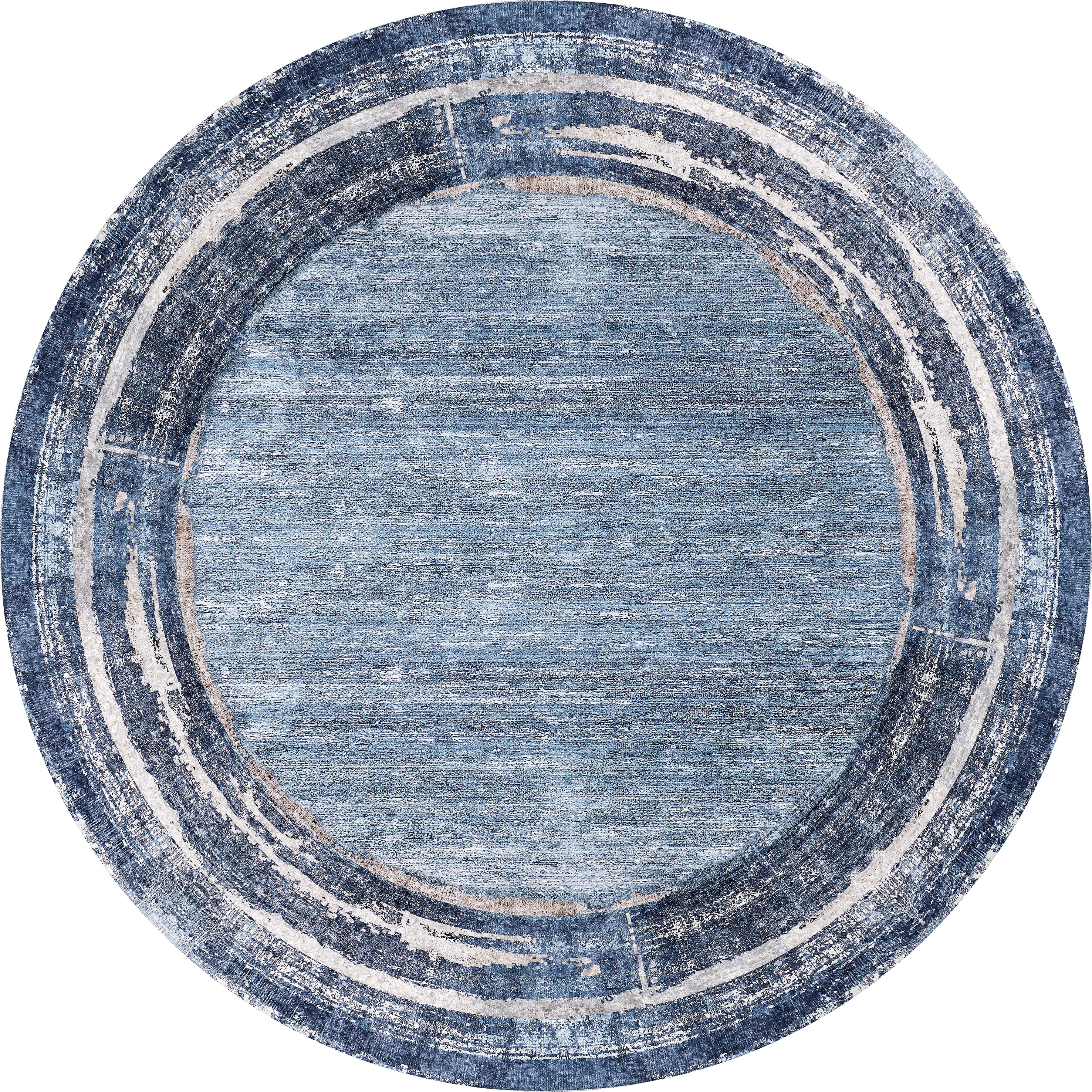 The Classic Bordered - Washable Rug - JR1197 is a round blue rug with textured concentric bands in blue and light cream. Its distressed, vintage look and washable design make it perfect for high-traffic areas.