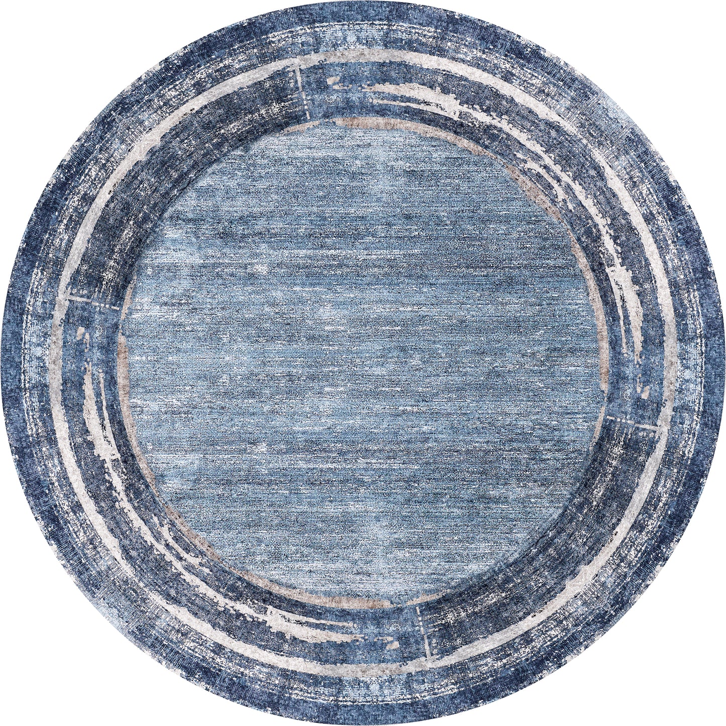 The Classic Bordered - Washable Rug - JR1197 is a round blue rug with textured concentric bands in blue and light cream. Its distressed, vintage look and washable design make it perfect for high-traffic areas.