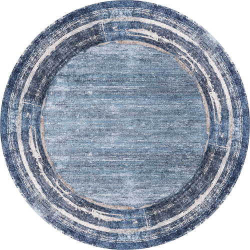 Load image 1 in gallery view. The Classic Bordered - Washable Rug - JR1197 is a round blue rug with textured concentric bands in blue and light cream. Its distressed, vintage look and washable design make it perfect for high-traffic areas.