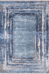The Classic Bordered - Washable Rug - JR1197 (Custom Size) features a rectangular shape, abstract design in blue, white, and beige, layered weathered borders, and a distressed look—perfect for high-traffic areas.