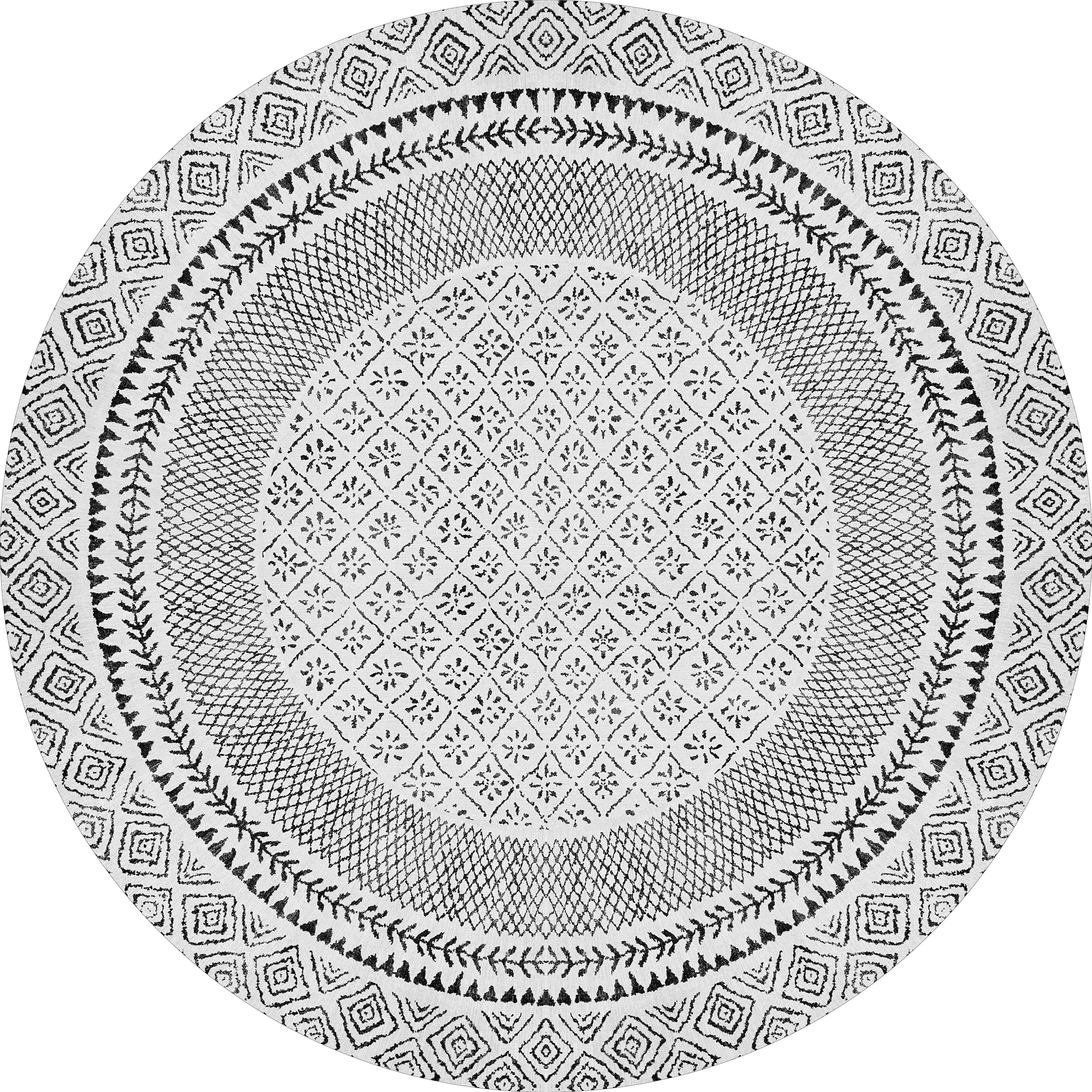 The Classic Contrast - Washable Rug - JR1985 is a round, durable rug with black geometric and floral patterns on white, featuring concentric circles of diamond, leaf, and line motifs.