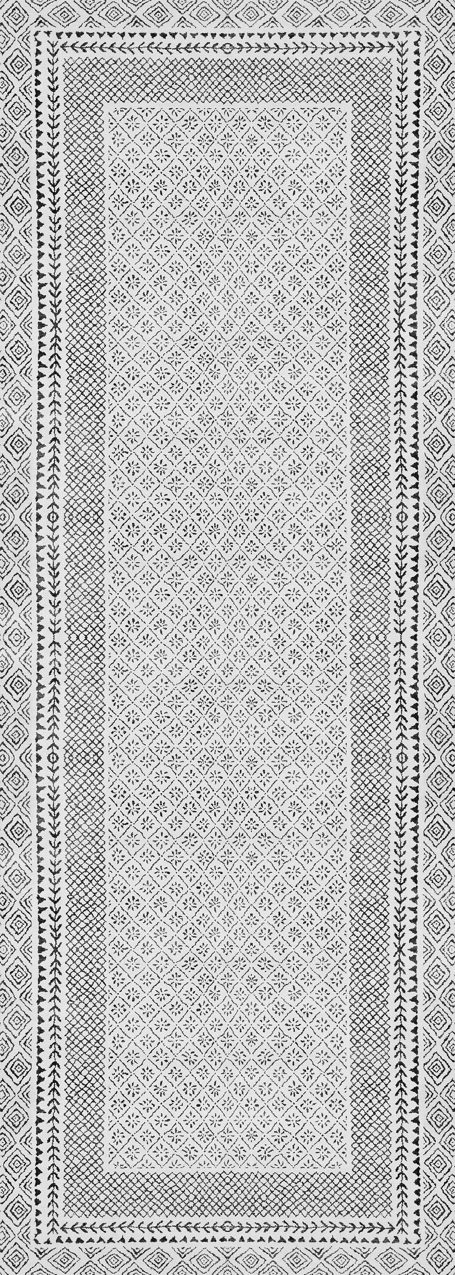 The Classic Contrast - Washable Rug - JR1985 features a black and white geometric design with hexagons and stars in a central rectangle, detailed borders, and a durable, washable gray-anthracite finish.