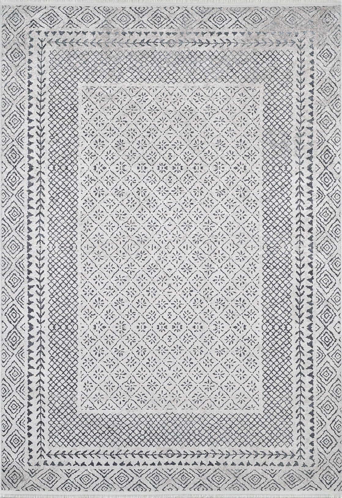 The Classic Contrast - Washable Rug - JR1985 (Custom Size) features a rectangular flat weave, diamond lattice and floral motifs, with geometric and leaf-patterned borders in grey and anthracite. Stylish, washable, perfect for any space.