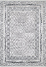 The Classic Contrast - Washable Rug - JR1985 (Custom Size) features a rectangular flat weave, diamond lattice and floral motifs, with geometric and leaf-patterned borders in grey and anthracite. Stylish, washable, perfect for any space.