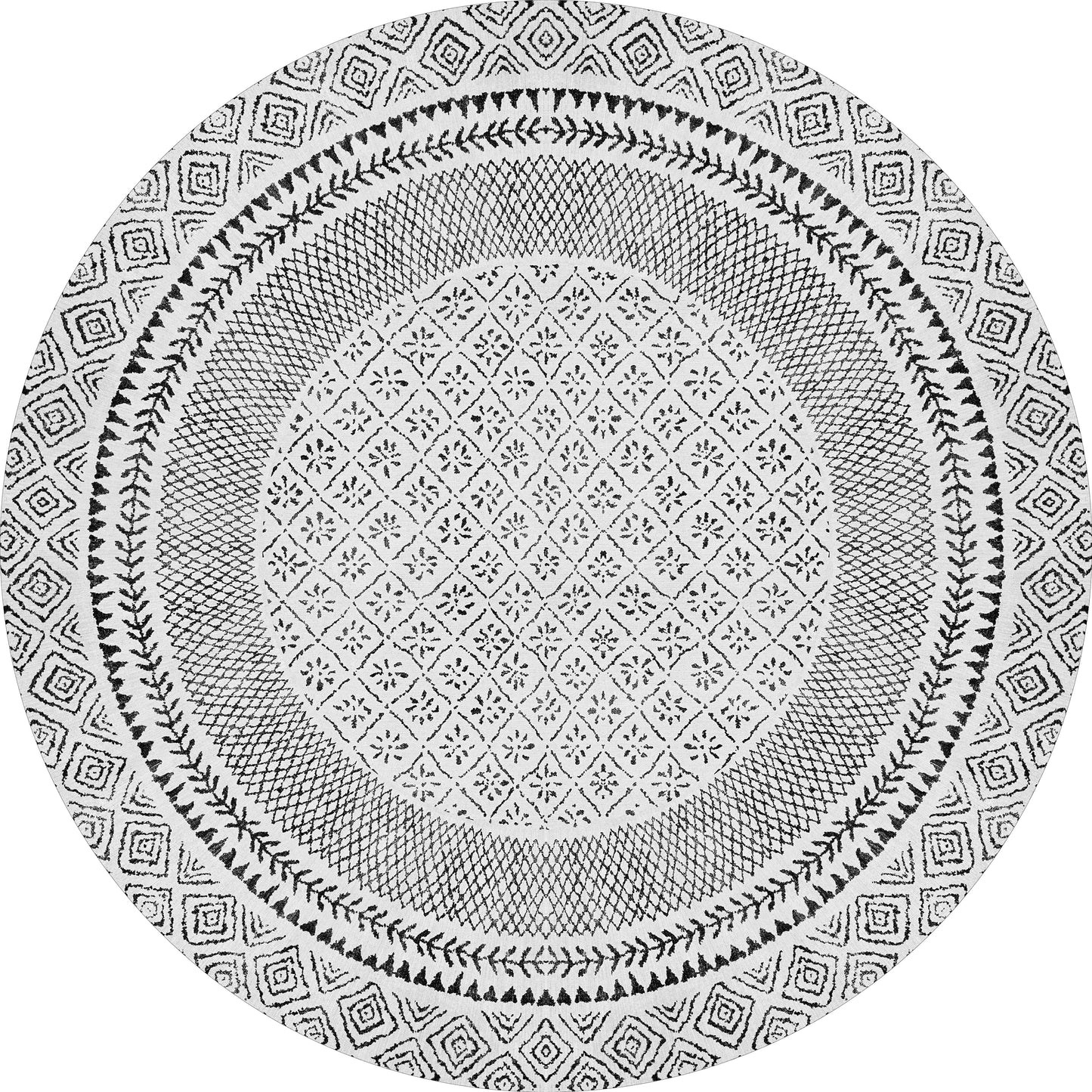 The Classic Contrast - Washable Rug - JR1985 (Custom Size) is a round flat weave rug with black geometric, floral, and diamond patterns on a white background, featuring concentric bands and decorative borders.